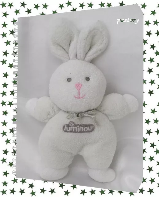 Doudou Peluche Lapin Blanc Noeud Gris Jemini Broderie Luminou