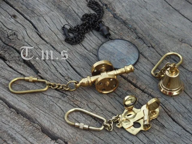 Set Of 4 Nautical Telescope Chain Bell ,glass,sextant key chain ring New Design