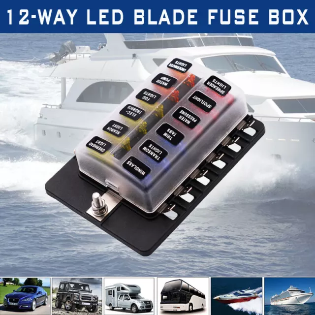 12 Way Blade Fuse Block Box Holder LED Light 12/ 24V Circuit Caravan Marine Car