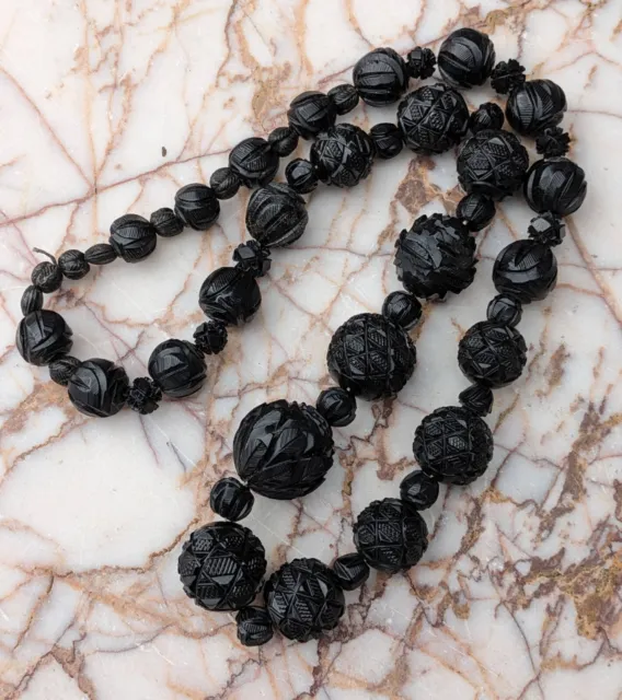 Antique Whitby Jet large Carved Bead Necklace Victorian mourning Jewellery