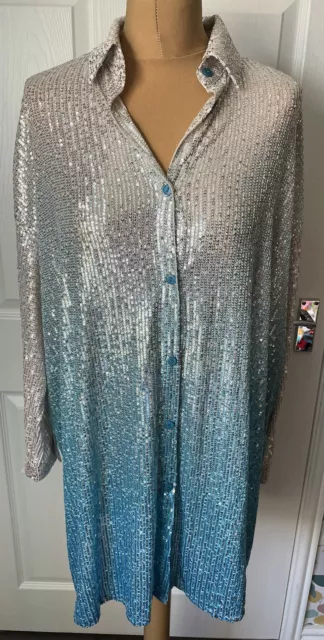 Boohoo Blue & Silver Ombre Sequin Shirt Dress - Size 12