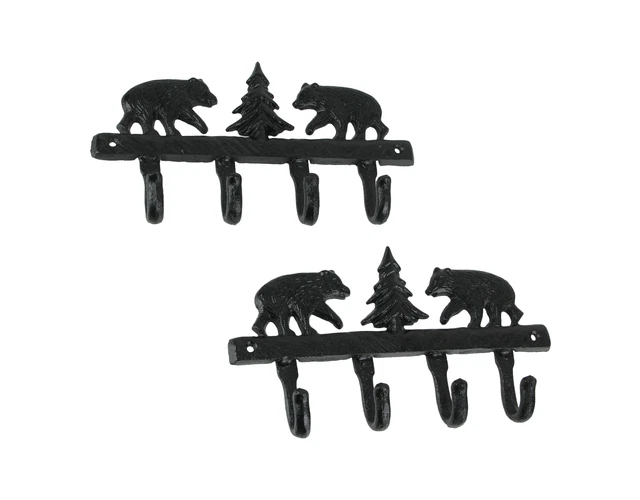 Set of 2 Cast Iron Black Bear and Pine Tree Wall Hook Racks