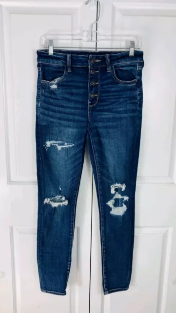 American Eagle Jeans Womens 10 Hi-Rise Jegging Distressed Button Fly Dark Wash