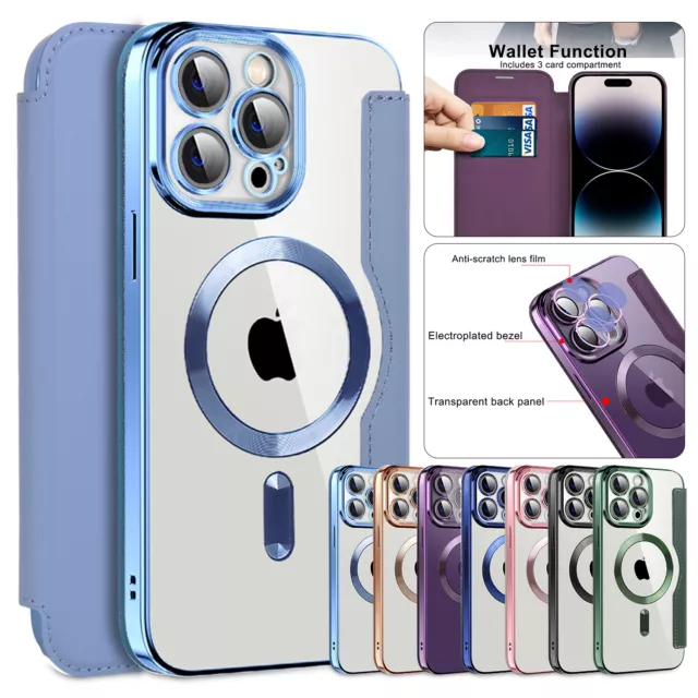 For iPhone 14 13 12 11 Pro Max Clear Mag Safe Leather Wallet Flip Case Cover