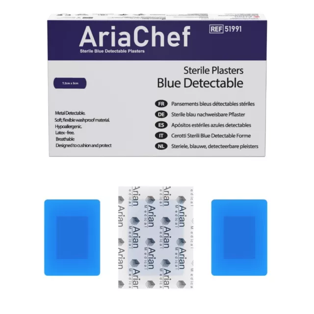 AriaChef  Sterile Blue Wash Proof Plasters- 7.2cm x 5cm Pack of 50's