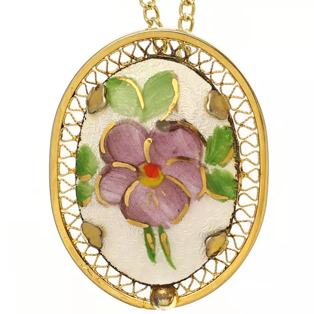 Vintage AJ Gold Filled Filigree Guilloche Enamel Pendant Necklace Purple Flower