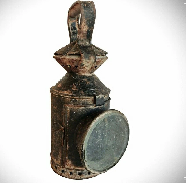 Lampe Lanterne En Fer Vintage - Allemagne, Verre Et Fer, Huile - Rare Objet Collection