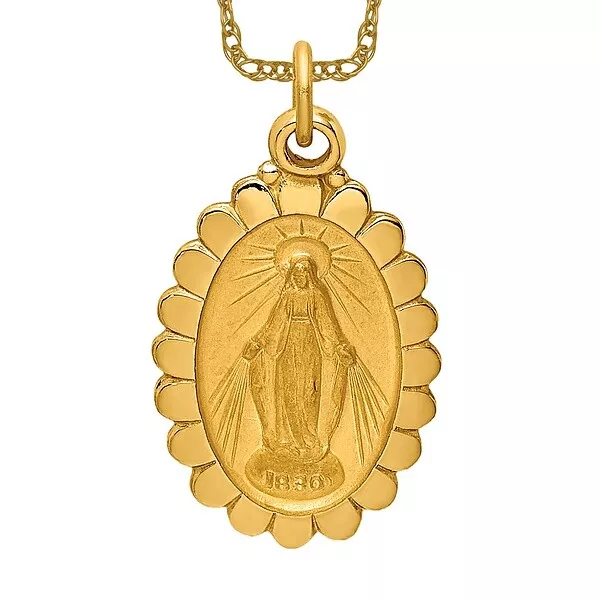 14K Yellow Gold Small Oval Our Lady of Miraculous Medal Blessed Virgin Mary N...