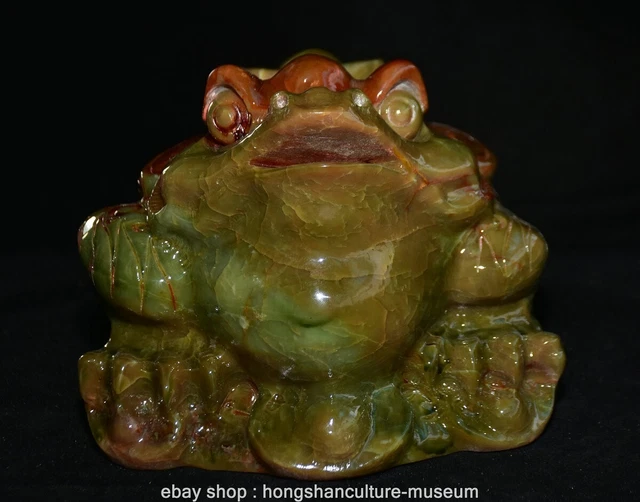 9.2" Chinese Natural Xiu Jade Carving Coin Toad Wealth Statue Sculpture