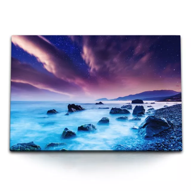 120x80cm Wandbild auf Leinwand Strand bei Nacht Sternenhimmel Dunkelblau Berge M