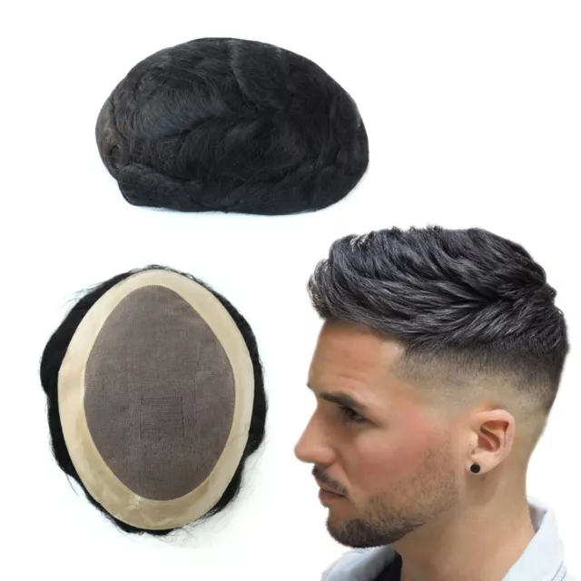 Mens Hair Replacement System Fine Mono Toupee Indian Remy Human Hairpiece #1B