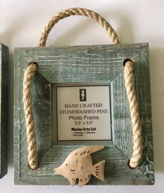 Two Hand Crafted Rustic Carved Fish And Turquoise Stonewashed Wooden Photo Frame