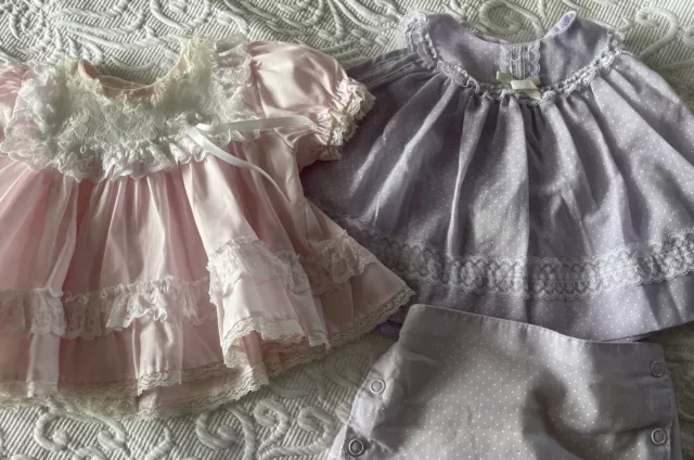 Vintage Alexis Infant Dress Newborn 0-3 Lot Of 2 Pink Purple Lace Diaper Cover