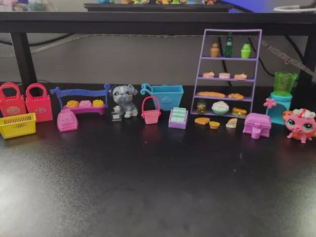 Huge Littlest Pet Shop Grocery Lot Bulldog 668 2835 Fairy Shelf Food Bags Basket