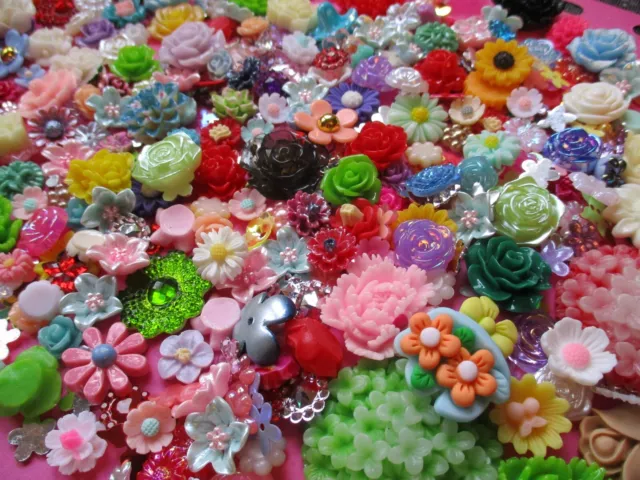 100 Flowers Embellishments Hard Craft Flowers Beads Charms Flatback Cabochons XL