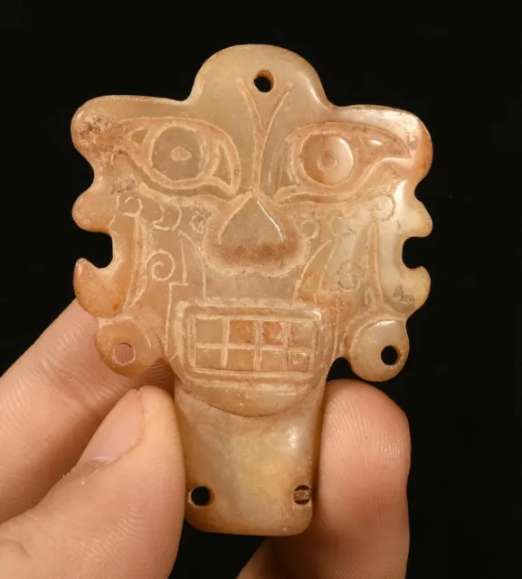 6CM Hongshan Kultur Hetian Alte Jade Carve Beast Kopf Gesicht Amulett Anhänger