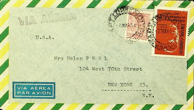 SEPHIL BRAZIL 1954 2v ON AIRMAIL COVER FROM RIO DE JANEIRO TO NEW YORK USA