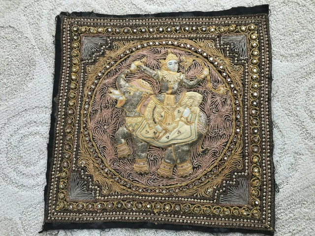 Thai Burmese Kalaga Goddess On Elephant Vintage 20" Beaded Tapestry Wall Hanging