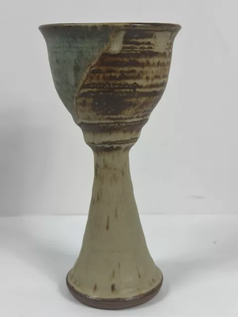 Pottery Stoneware Stem Goblet Candle Holder Brown Beige Teal Handmade 7 1/4”