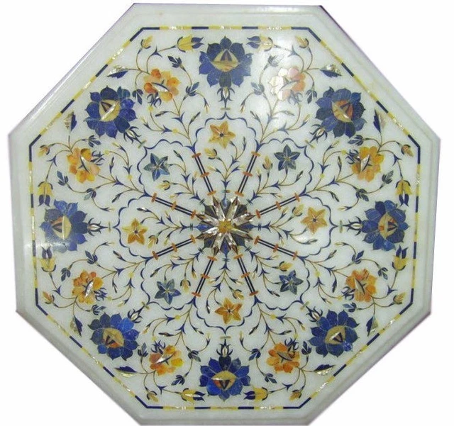 White Marble Lapis Inlay Coffee Table Top Pietra Dura Micro Mosaic Inlaid