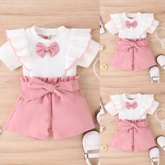 2PCS Newborn Toddler Girls Baby Bow Frill Tops Shirt + Shorts Clothes Outfit Set
