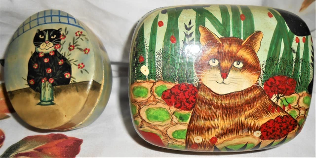 2pc Paper mache Cat Box Hand painted Lacquered Angry Kitty & Tabby Kashmir India