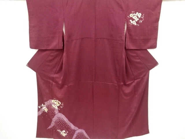 36195# Japanese Kimono / Antique Kimono / Embroidery / Shibori / Flower Arabesqu