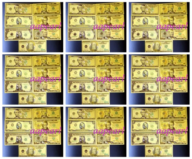 Lots 70 Pcs US $ 1 - 100 Dollar Crafts Banknotes Golden Plastic Foil Paper Money