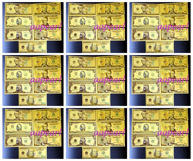 Lots 70 Pcs US $ 1 - 100 Dollar Crafts Banknotes Golden Plastic Foil Paper Money