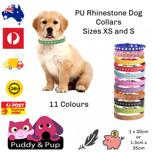 Dog Collar Puppy Adjustable PU Leather Rhinestone pink blue red black purple