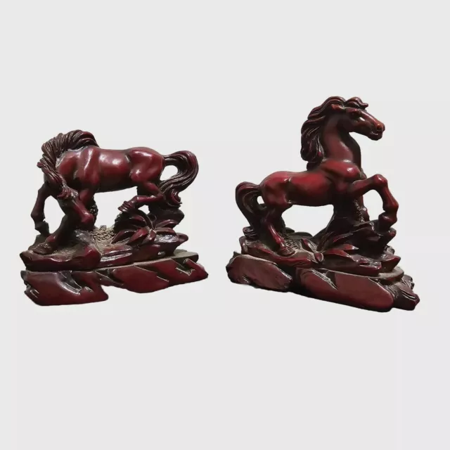 Feng Shui China TWO Wild Stallion Resin Horse Statue Red Money Lucky Running 3"