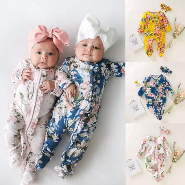 Newborn Infant Baby Girl Boy Footed Sleeper Romper Headband Clothes Outfits
