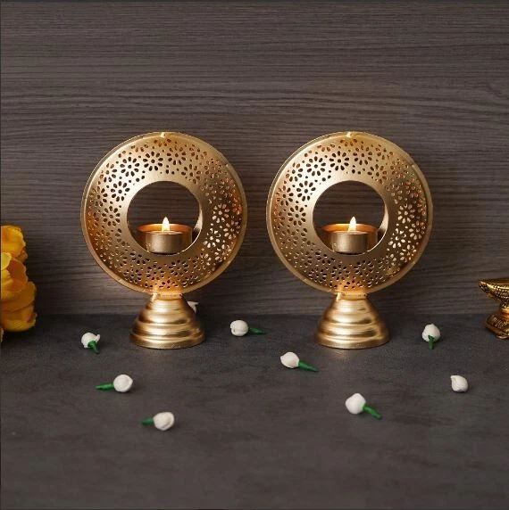 Premium Handcrafted Hurricane Metal Tealight Candle Holder (Gold) for Home