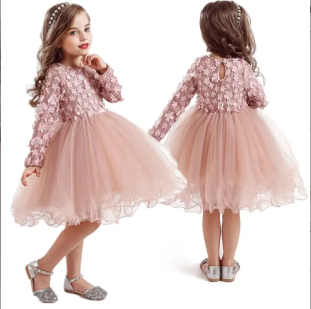 Kids Girls Lace Princess Dress Long Sleeve Rib Splice Dress Party Birthday Dress