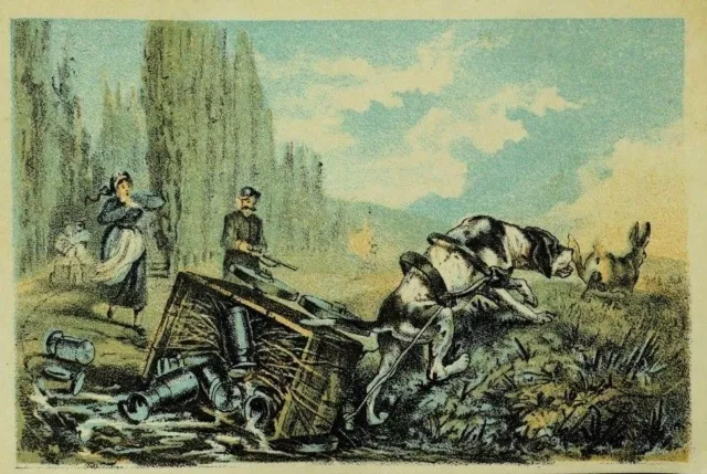1870's-80's Victorian Trade Card Rabbit Hunting Man Rifle Dog Pulling Cart P82