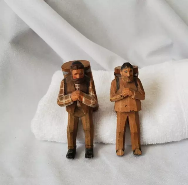 Vintage Pair of Hand Carved Wooden Walking Old Man with Pack European