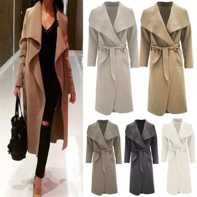 Womens Waterfall Belted Italian Drape Long Trench Coat Ladies Blazer Jacket 8 24