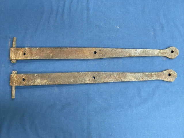 Pair Antique Hand Forged Iron Barn Door Strap Hinges 20 5/8" & 20 1/8" 7