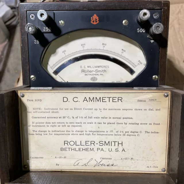 Vintage (6/22/1950) Roller-Smith DC 25/25/500 ma Bench Meter
