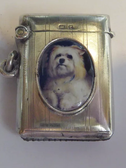 Silver Hallmarked 1916 Enamel Dog Vesta Case
