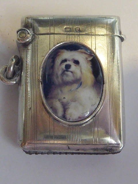 Silver Hallmarked 1916 Enamel Dog Vesta Case