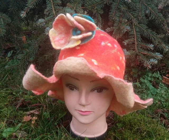 Unique Felted Orange Yellow Bell Hat.Sauna Hat.flower hat.fairy hat.wizard hat