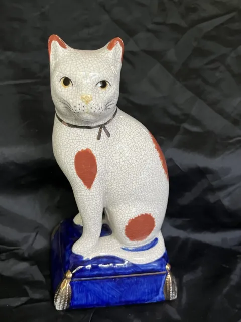 Porcelain Raku Cat Figurine Ceramic On Cobalt Blue Pillow Hand Painted 7.5" Tall