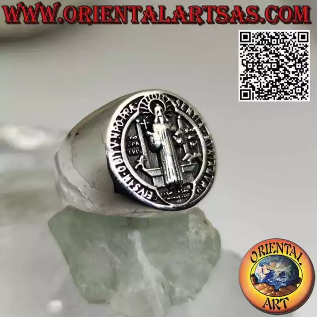 Anello in argento 925‰ liscio con sigillo o medaglia di San Benedetto da Norcia 2