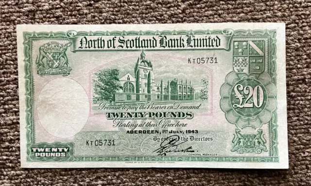 1943 Scotland North Of Scotland Bank Limited 20 Pounds Banknote