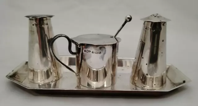 Vintage 40s Solid Sterling Silver J E Bushell 4 Piece Cruet Condiment Set