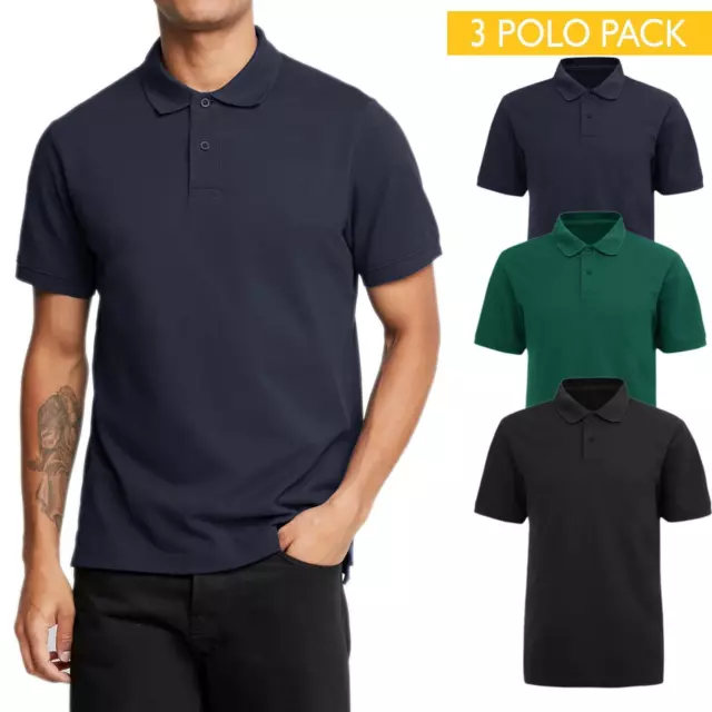 3 Pièces Polo Homme Manches Courtes Noir + Bleu + Vert T-Shirt Casual Relax