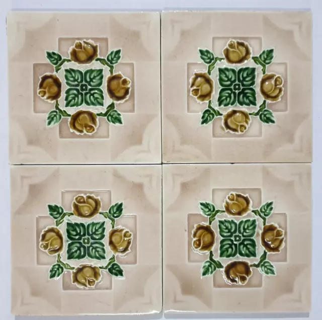 4 piece  x VINTAGE MAJOLICA TILE Japan - Flower Pattern  (1541)