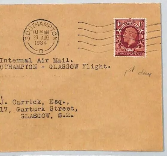 GB KGV PHOTOGRAVURE 1934 FDC Air Mail First Day Cover FIRST FLIGHT Hants XZ241