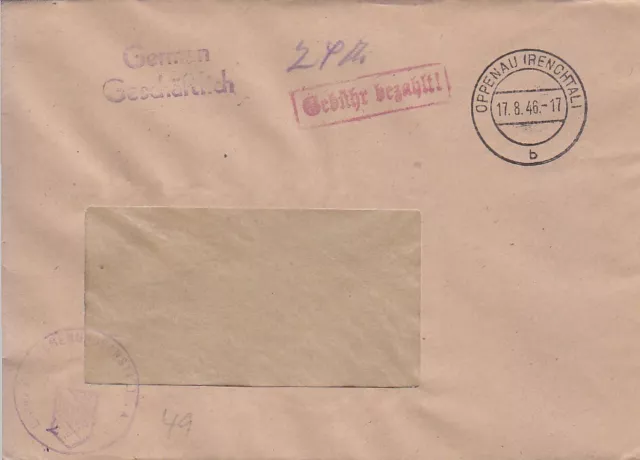 F.Zone - OPPENAU  (RENCHTAL)  - Gebühr bezahlt - Brief - 1946